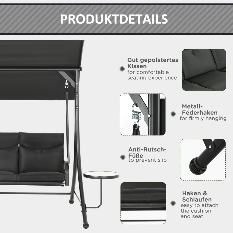 Outsunny Hollywoodschaukel, Schaukelbank, 3-Sitzer Gartenschaukel mit verstellbarem Sonnendach, 278 x 135 x 177 cm, Schwarz