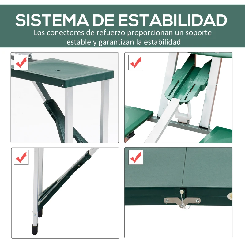 Outsunny Mesa Maleta de Camping Plegable Portátil 4 Asientos y Agujero Sombrilla Estructura Aluminio Playa Picnic 135.5x84.5x66cm (Verde)
