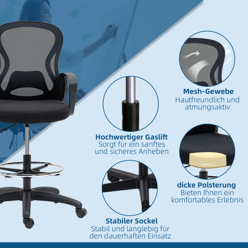 Vinsetto Bürostuhl, Zeichenstuhl mit Fußstütze, höhenverstellbar, 5 Rollen, Schwarz