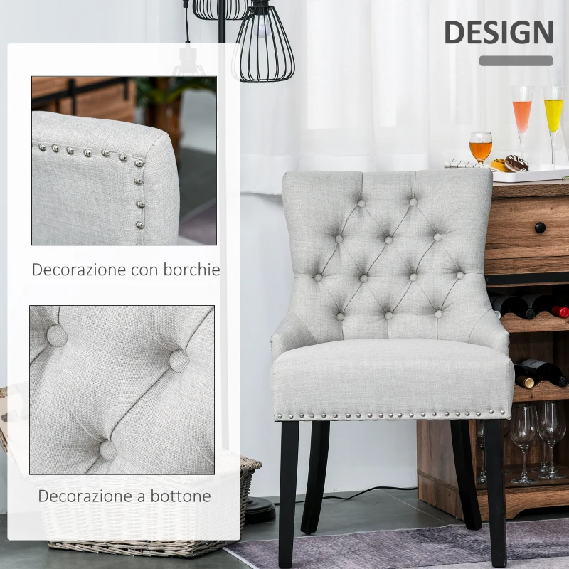 HOMCOM Sedia da Pranzo con Rivestimento in Lino e Gambe in Legno Schienale Alto Trapuntato Anello un Dietro Schienale Grigio Chiaro 56x61x92cm