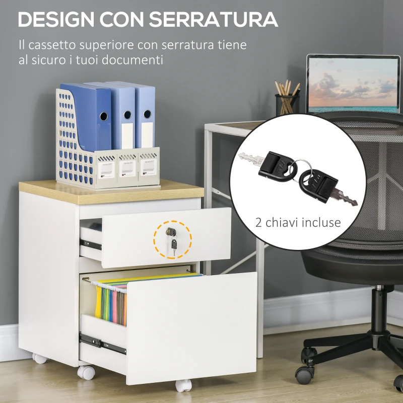 Vinsetto Mobile per Ufficio con 2 Cassetti Portadocumenti, Serratura e 5 Ruote, 47x39.5x62cm, Bianco
