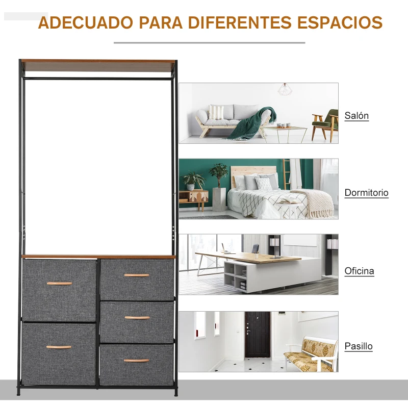Armario Ropero Abierto Almacenaje Hecho de Metal Plegable con 5 Cajones Extraíbles Apto para Salón Oficina Dormitorio Estudio con Barra para Colgar Estilo Moderno Negra Gris 83x28x175cm
