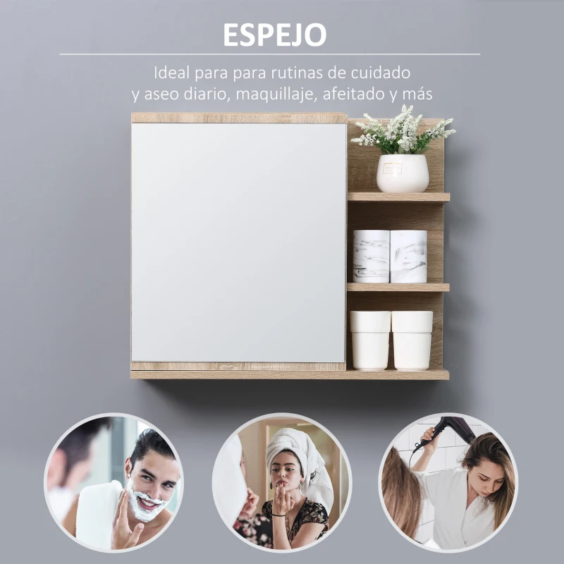 kleankin Armario con Espejo para Baño con 3 Estantes Abiertos y 1 Estante Interior Estilo Moderno 60x18x50 cm Natural
