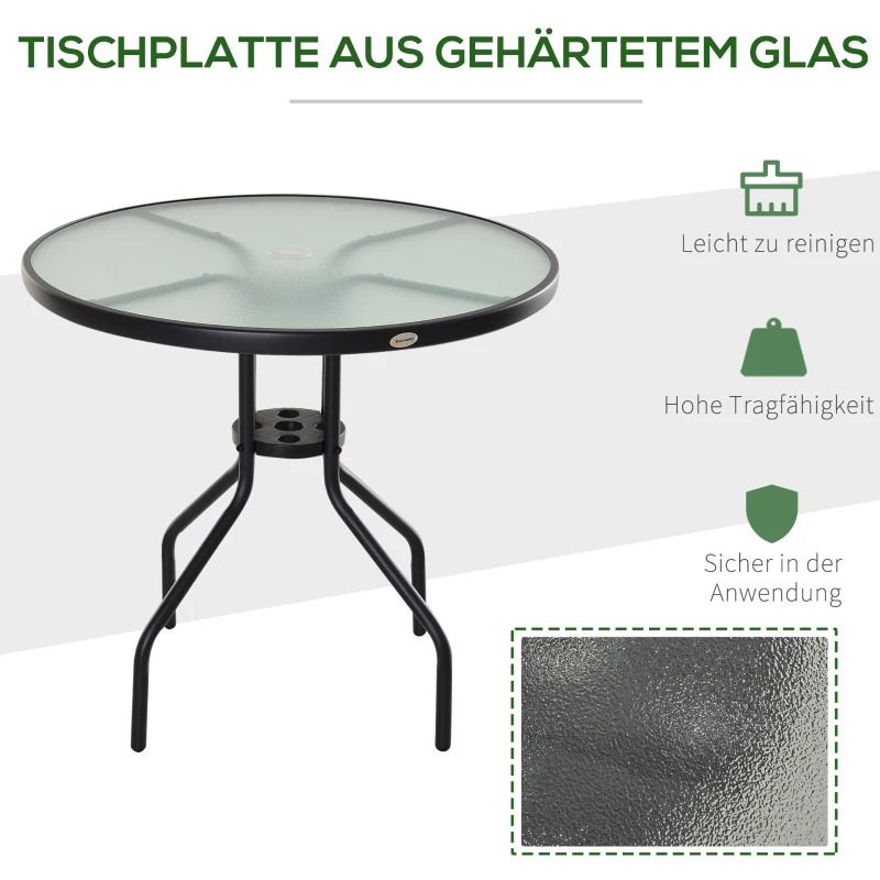 Outsunny Gartentisch Balkontisch Garten Beistelltisch Bistrotisch Gartenmöbel mit Schirmloch Hartglas + Metall Schwarz Ø80 x 72 cm
