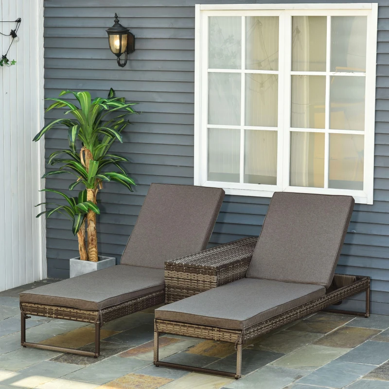 Outsunny 3pz Componibile 2 Lettini Prendisole (60 x 195 x 86cm) 1 Tavolino (121 x 40 x 50cm) Rattan con Materassini Grigio