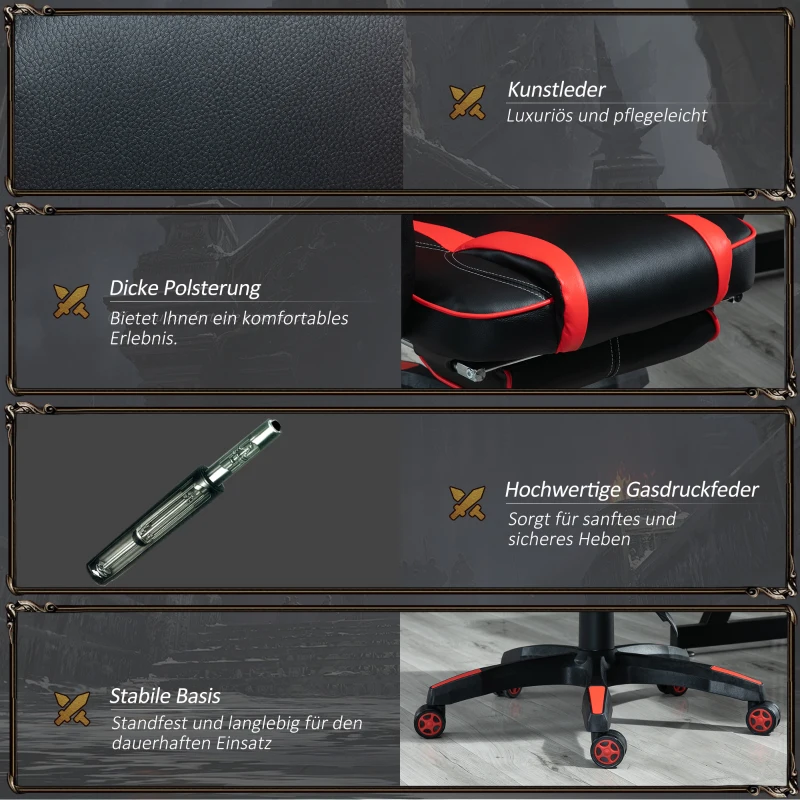 Vinsetto Gaming-Stuhl Bürostuhl Drehstuhl Chefsessel mit Fußstütze Rückenlehne Kissen verstellbar Kunstleder Rot+Schwarz 65x64x114-123,5 cm