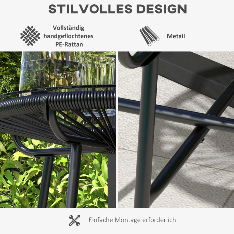 Outsunny Gartentisch Boho-Stil Outdoor Beistelltisch, PE-Rattan, gehärtetes Glas, wetterbeständig, 50 cm x 50 cm x 50 cm, Schwarz