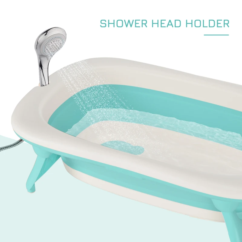 HOMCOM 3 in 1 Collapsible Baby Bath Tub Set Folding Kids Tub Wash Basin Shampoo Cup Non-Slip Support Leg for 0-3 Years, Green