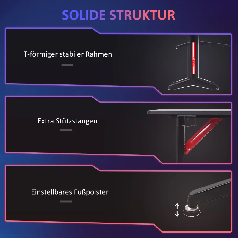 HOMCOM Gaming Tisch PC Tisch Schreibtisch mit Kopfhörerhaken Getränkehalterung Computertisch Metall MDF Schwarz+Rot 157 x 111,8 x 74 cm