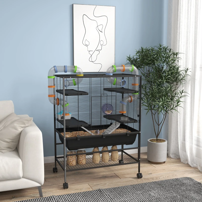 PawHut Large Hamster Cage, Gerbil Cage with Tubes, Storage Shelf, Ramps, Platforms, Running Wheel - Black