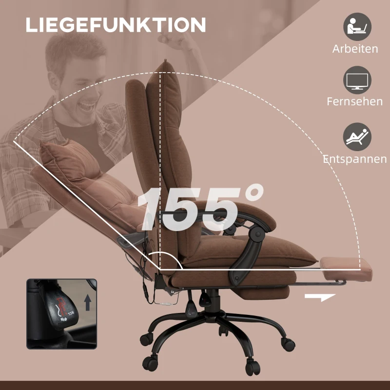 Vinsetto Bürostuhl mit Massage- und Heizfunktion, Fußstütze, verstellbar, bis 120 kg, Braun(m-7)
