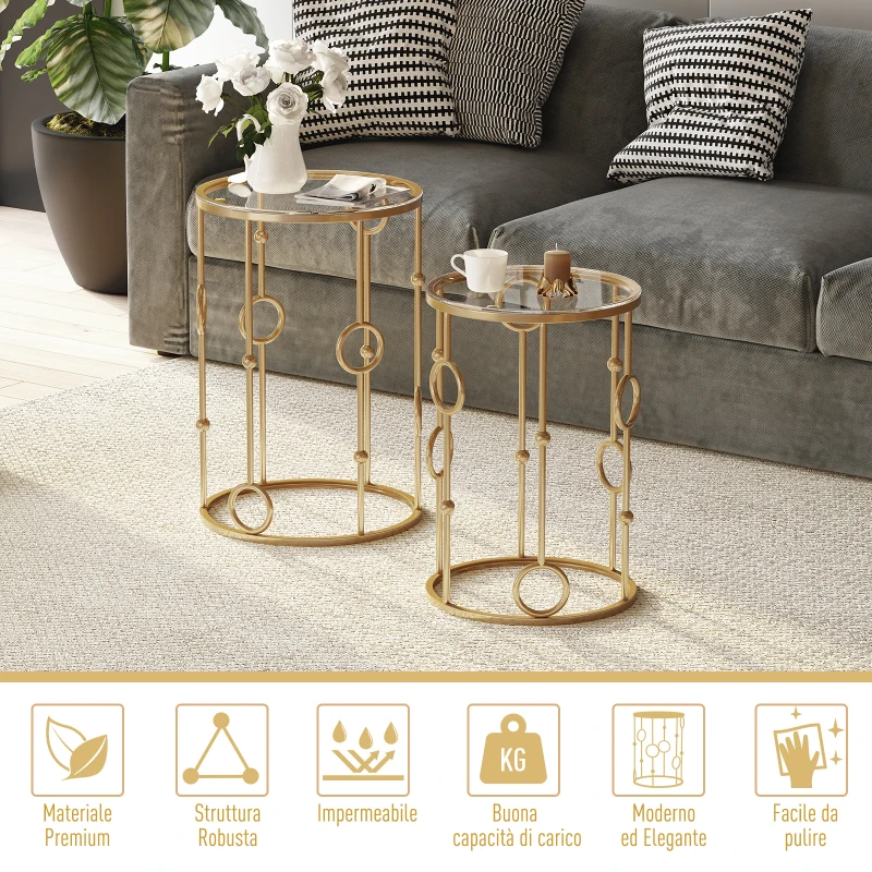 HOMCOM Set 2 Pezzi Tavolini da Caffè Design Elegante con Motivi a Cerchio, Metallo e Vetro Temperato Φ41x57cm & Φ36x51cm, Oro