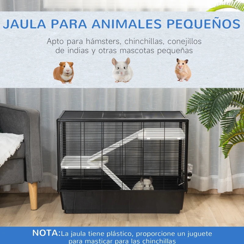 PawHut Jaula Pequeña para Roedores 80x48x58 cm Jaula para Hámster con 2 Puertas 2 Rampas 2 Plataformas Comedero y 2 Asas Portátil para Cobayas Ratoncillos Negro