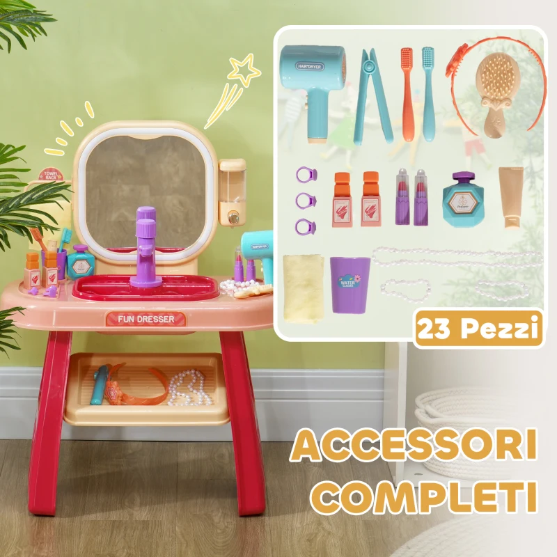 AIYAPLAY Tavolo Toeletta per Bambine 3-6 Anni con Specchio in Acrilico e Rubinetto, in PP e GPPS, 55x29x71 cm, Rosa