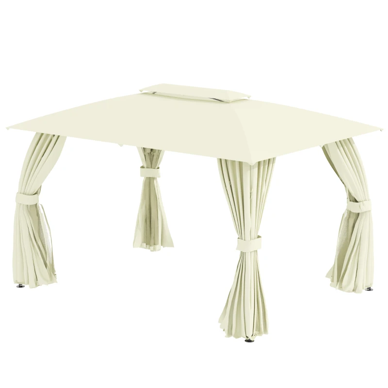 Outsunny Cenador de Jardín 4x3 m Pabellón de Exterior con Doble Techo 4 Cortinas Laterales 4 Mosquiteras con Cremalleras y Marco de Acero Gazebo para Fiestas Eventos Beige