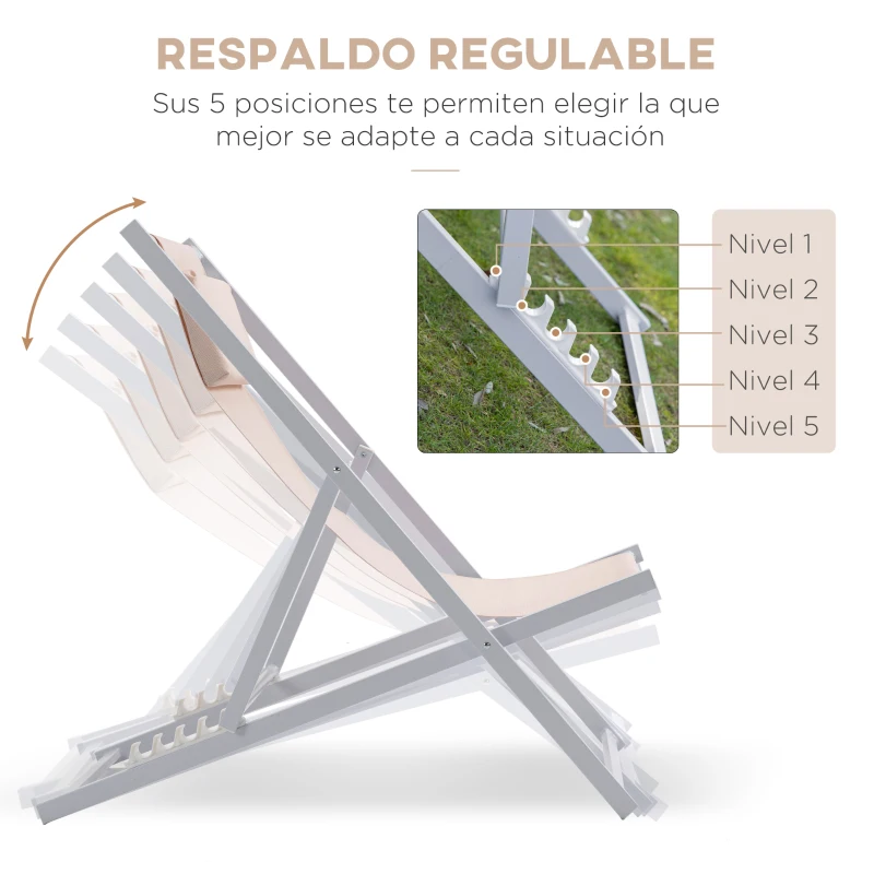 Outsunny Conjunto de 2 Tumbonas Plegables con Respaldo Regulable y Reposacabezas Acolchado 58x96,5x91,5 cm Beige
