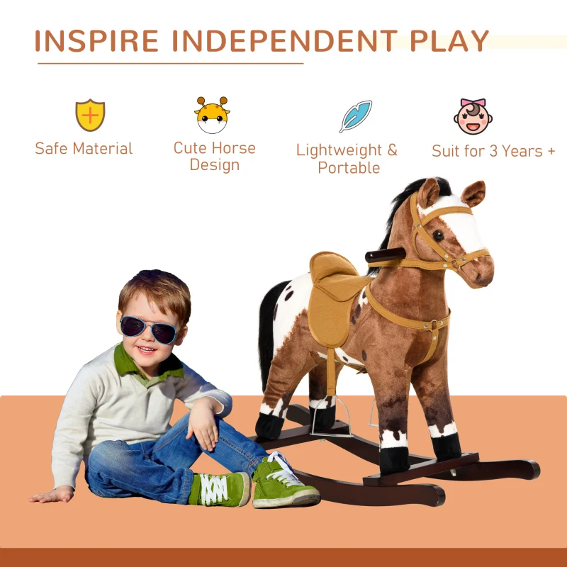 HOMCOM Kids Toy Rocking Horse Wood Plush Pony Handle Ride on Animal Wooden Riding Traditional Rocker Gift w/Neigh Sound (Dark Brown Horse)