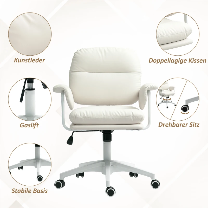 HOMCOM Höhenverstellbarer Schreibtischstuhl mit weichem Kissen und Kunstleder-Bezug, flexiblen Rädern und Kippfunktion, Weiß