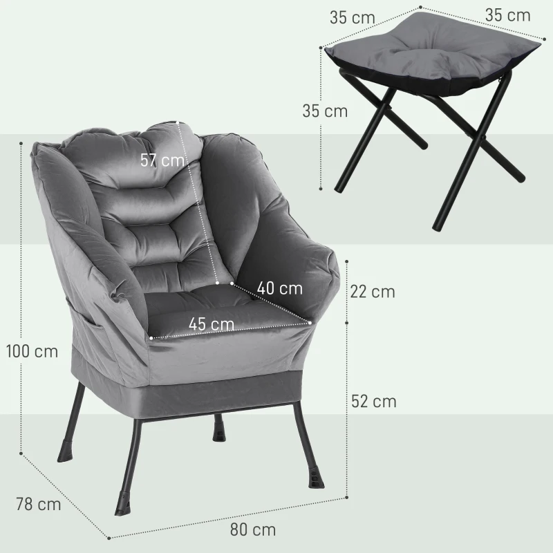 HOMCOM Poltrona Moderna con Poggiapiedi e 2 Tasche Laterali, in Tessuto Effetto Velluto e Acciaio, 80x78x100 cm, Grigio