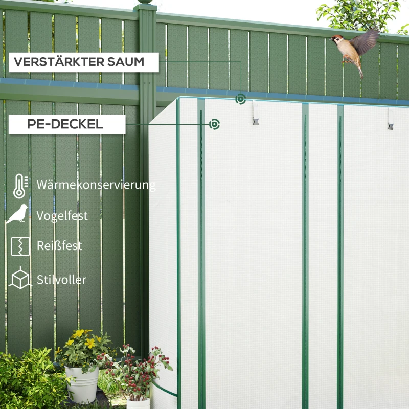 Outsunny Mini-Kas met 3-Laags Schap, Plastic Afdekking, UV-bestendig, Draagbaar, Roldeur, 144 x 48 x 152 cm, Wit