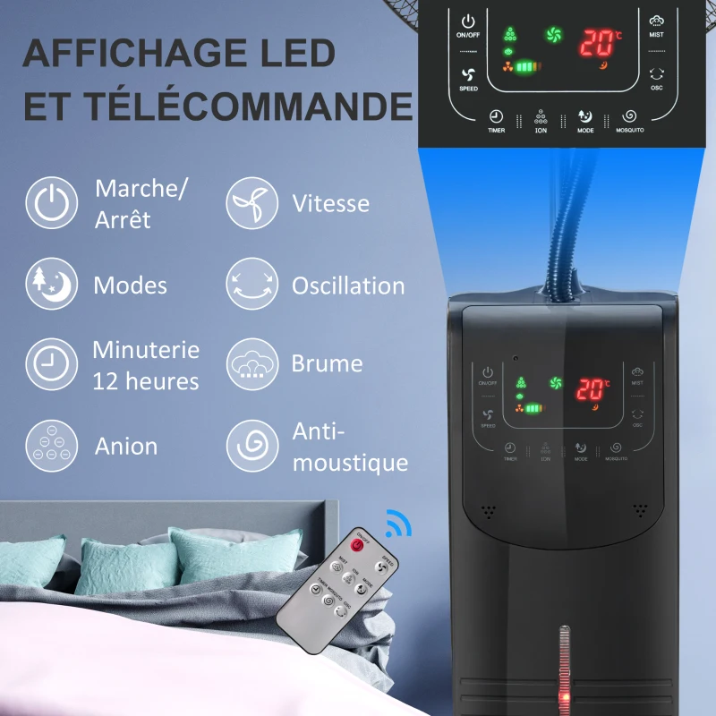 HOMCOM Ventilateur brumisateur silencieux 90 W sur roulettes 3 modes 3 vitesses, télécommande, minuterie, oscillation, noir