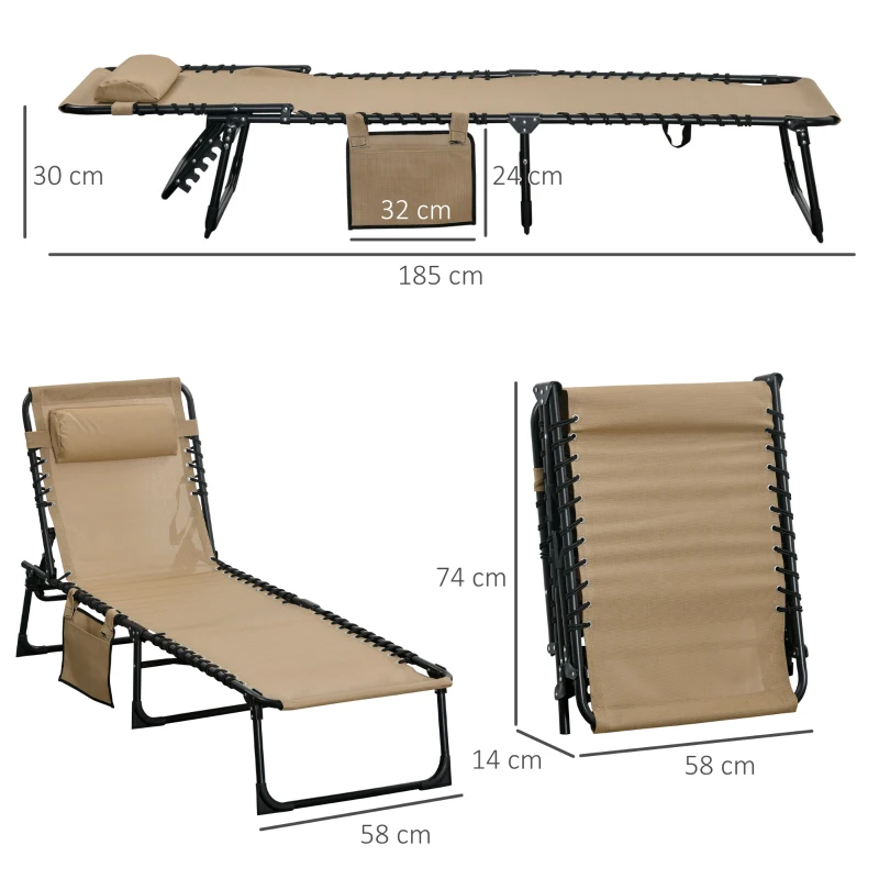 Outsunny Portable Sun Lounger Set of 2, Folding Camping Bed Cot, Reclining Lounge Chair 5-position Adjustable Backrest with Side Pocket, Pillow for Patio Garden Beach Pool, Beige