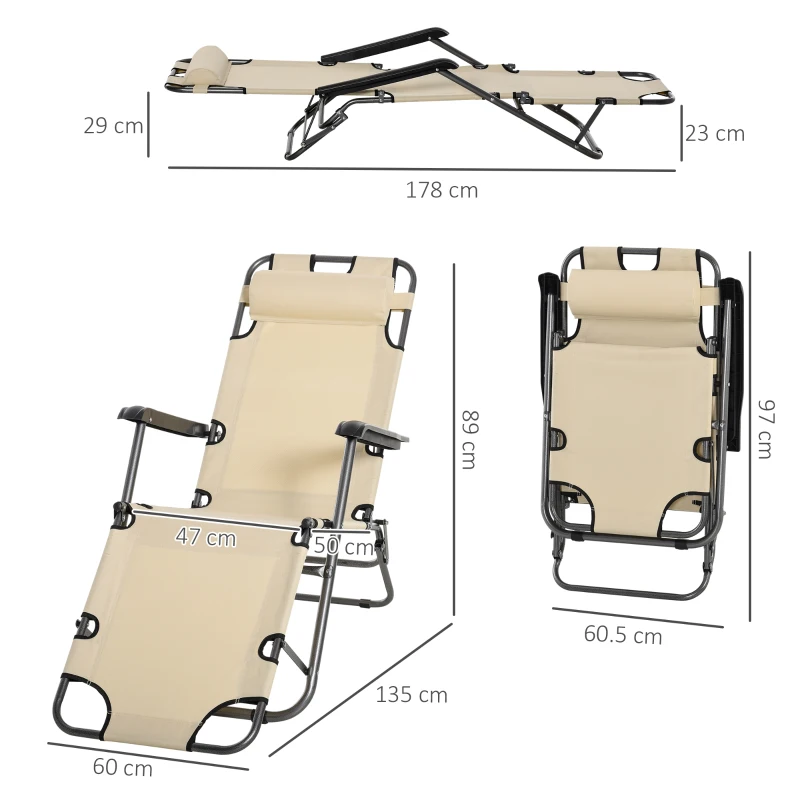 Outsunny 2 in 1 Folding Sun Lounger Reclining Garden Chair Set of 2 with 2-Level Adjustable Backrest, Outdoor Zero Gravity Recliner Garden Chairs with Head Pillow and Armrests, Beige