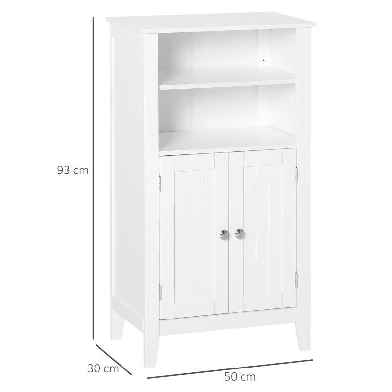 kleankin Mobile Bagno con Mensole Regolabili e Armadietto 2 Ante, Mobiletto Bagno Multiuso in Legno, Bianco, 50x30x93cm