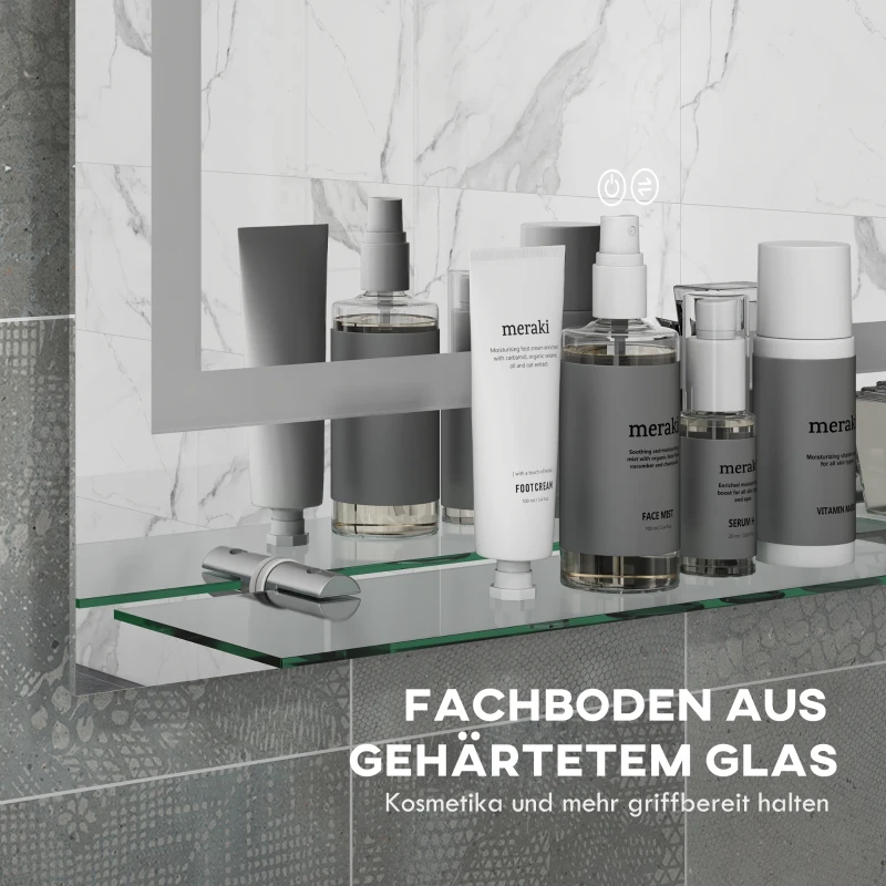 kleankin Badezimmerspiegel mit LED-Beleuchtung, 3 Lichtfarben, Antibeschlag-Funktion, verkabelt, 70 x 50 cm