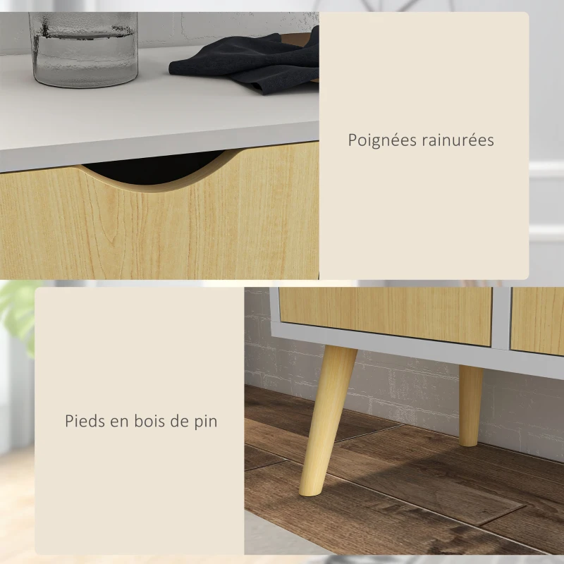 HOMCOM Buffet sur pied meuble de rangement scandinave 2 portes 1 tiroir 58 x 30 x 91 cm naturel blanc