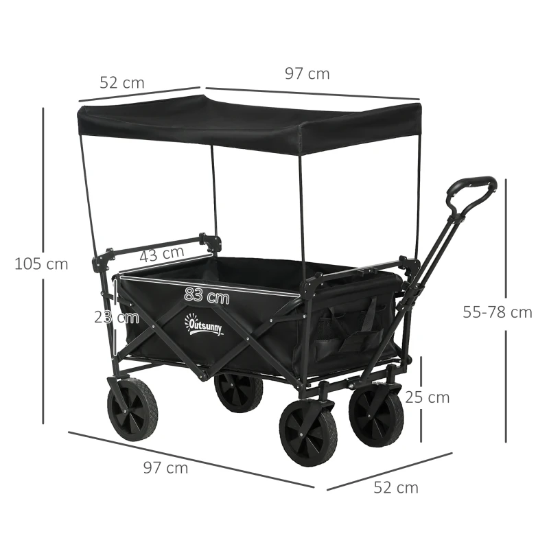 Outsunny Bollerwagen mit Dach, klappbar, 110L Kapazität, Stahlrahmen, 97x52x105 cm, Schwarz