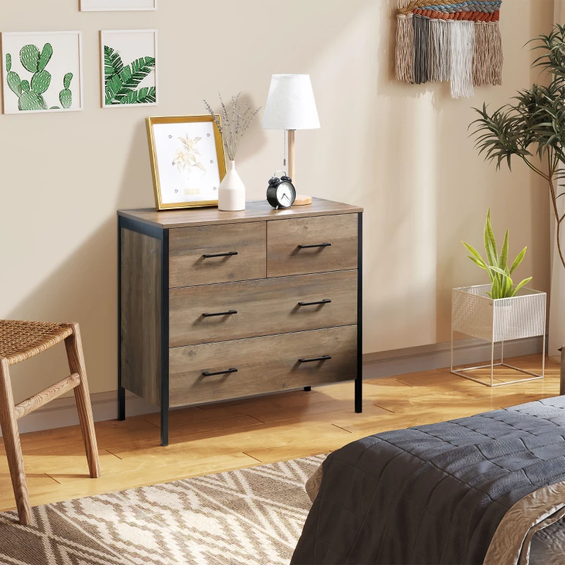 HOMCOM Cajonera con 4 Cajones Cómoda de Madera para Salón Habitación Oficina Estilo Industrial 80x40x75 cm Marrón