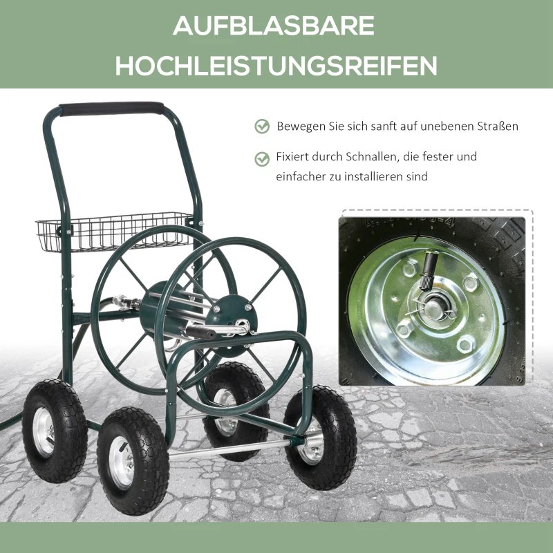 Outsunny Schlauchwagen für Gartenschlauch max. 70 m (Ø15 mm Schlauch) mit Aufbewahrungskorb Stahl Nylon 83 x 60 x 92,5 cm
