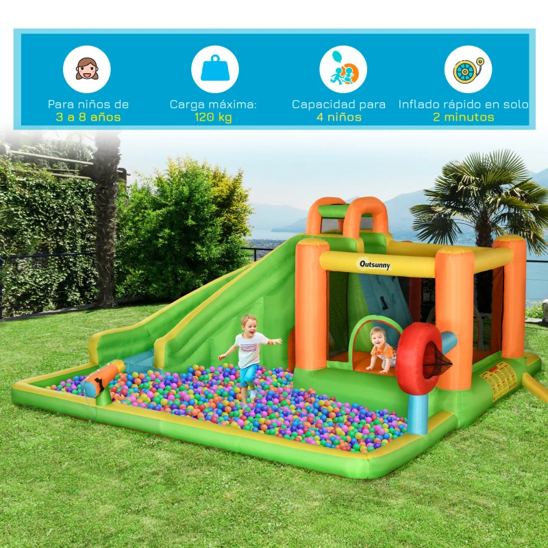 Outsunny Castillo Hinchable Grande con Tobogán Poste de Boxeo y Túnel para 3-8 Años 478x440x210 cm Multicolor