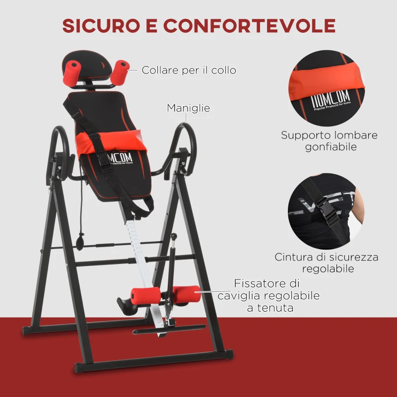 HOMCOM Panca a Inversione con Angolo e Altezza Regolabile e Poggiatesta, in Acciaio e Plastica, 79x114x153 cm, Rosso e Nero
