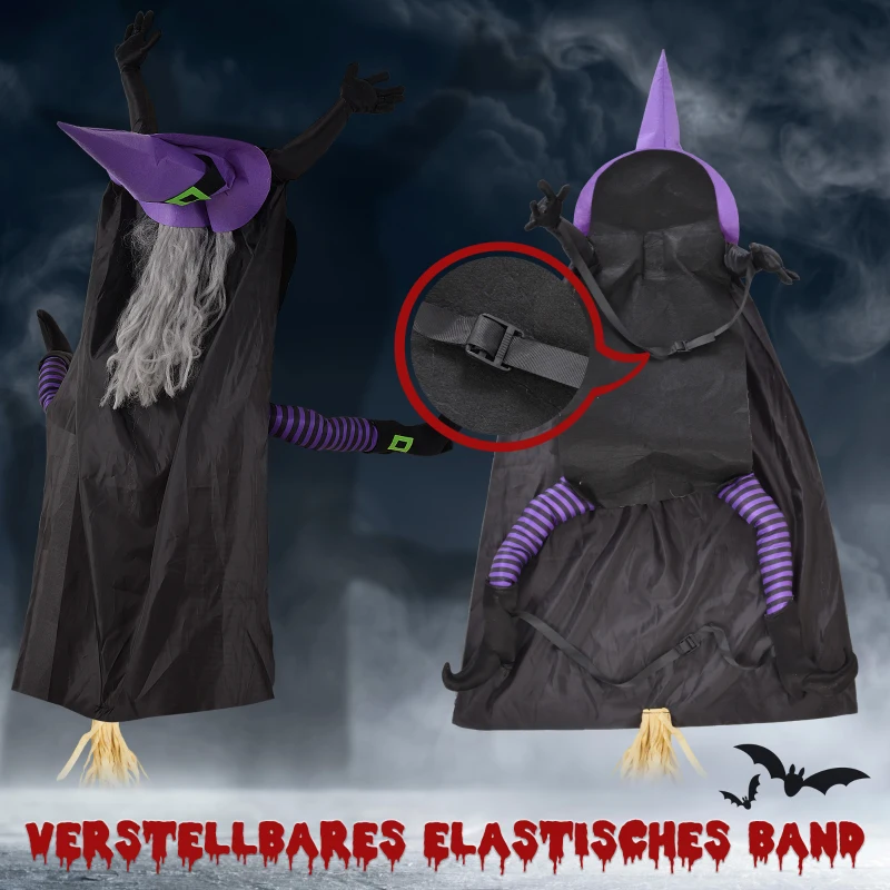 HOMCOM Fliegende Hexe, Halloweendeko, verstellbarer Riemen, 90 x 34 x 170 cm