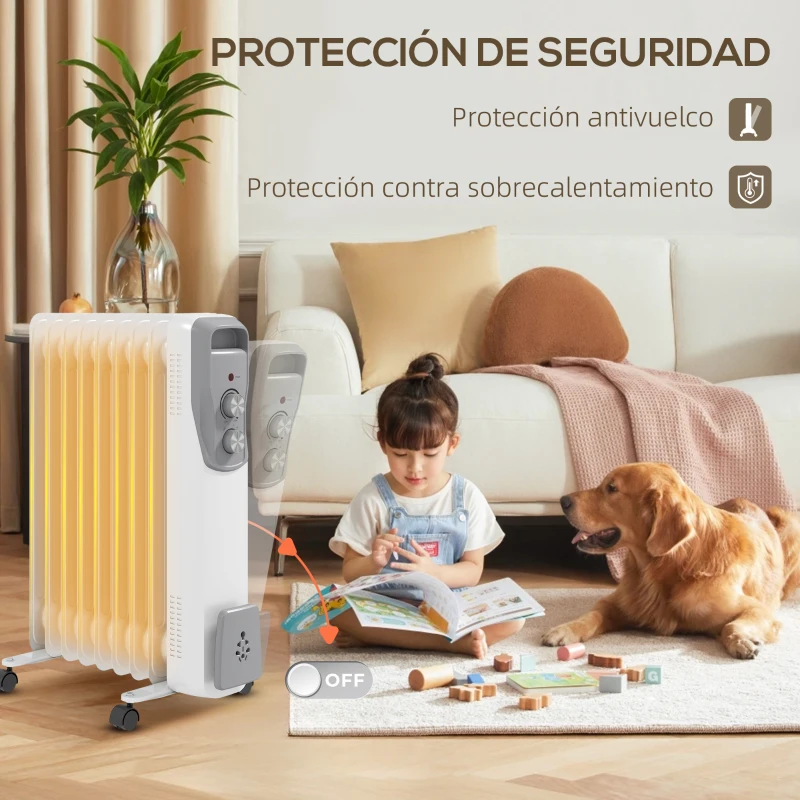 HOMCOM Radiador de Aceite Silencioso 2000W con Ruedas Temperatura Ajustable Protección contra Sobrecalentamiento Blanco