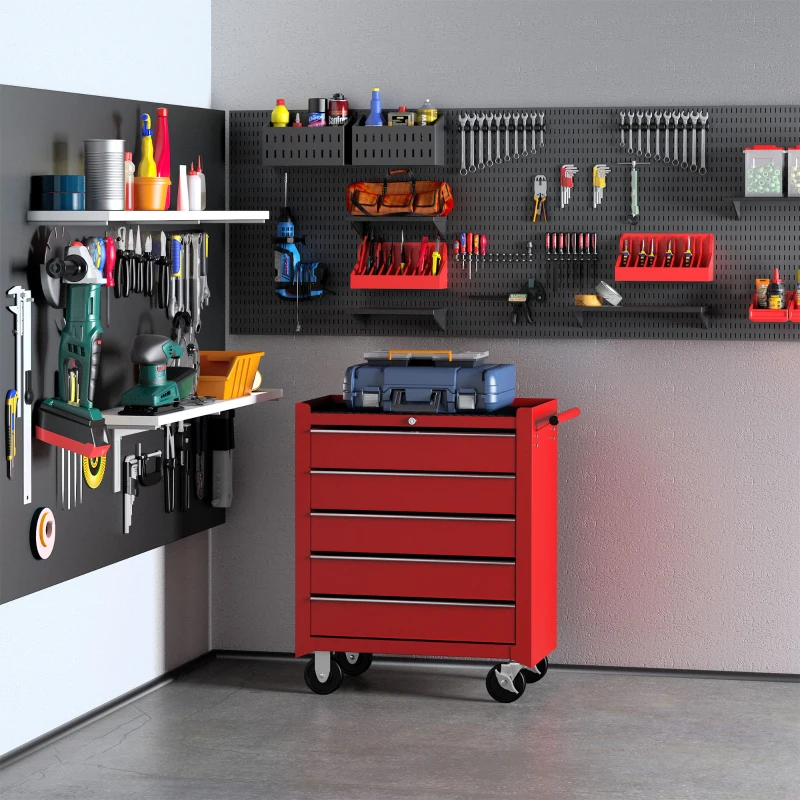 HOMCOM Carrello Porta Utensili con 5 Cassetti, Serratura, 2 Chiavi e Manubrio Parete Smontabile 2 Ruote con Freno in Lamiera d'Acciaio EVA Rosso 67,5x33x77cm