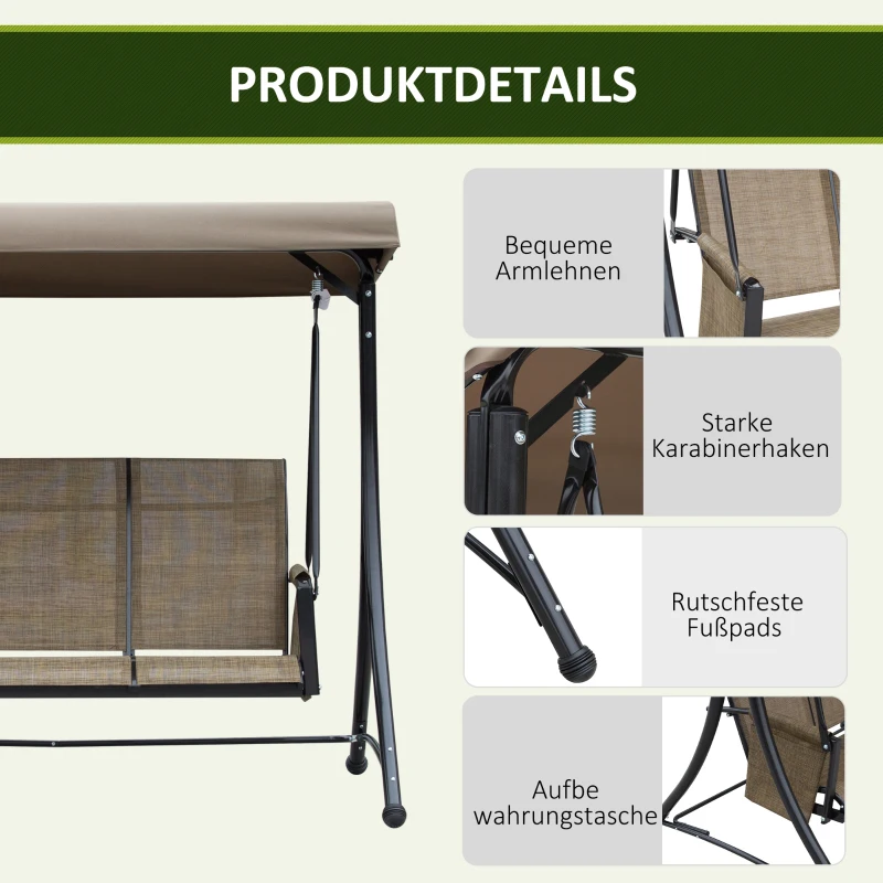 Outsunny 3-Sitzer Hollywoodschaukel, Gartenschaukel mit Sonnendach, Schaukelbank mit Ablage, Aluminium, 196 x 128 x 172 cm, Braun(m-6)