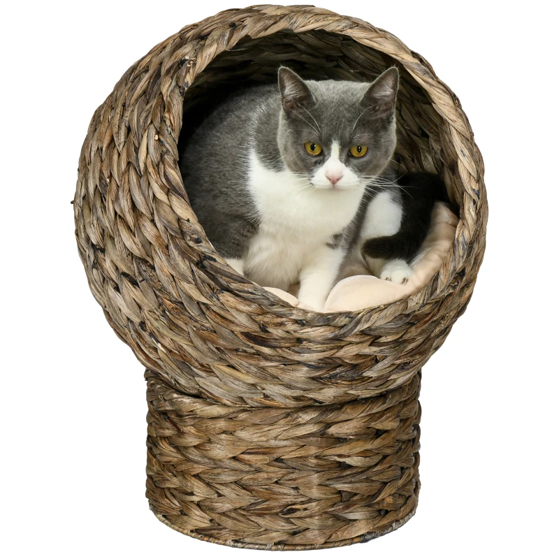 PawHut Woven Banana Leaf Elevated Cat Bed Wicker Kitten Basket Pet Den. House Cosy Cave with Soft Cushion Dome 42x33x52cm Grey