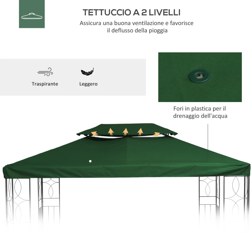 Outsunny Copertura per Gazebo 4x3 m a 2 Livelli in Poliestere con Cinghie e 10 Fori di Drenaggio, Verde