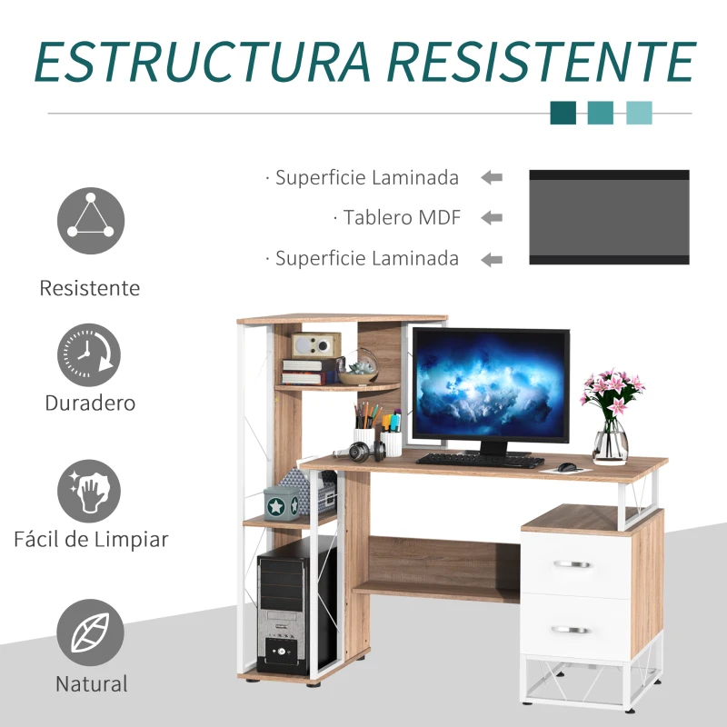 HOMCOM Escritorio con Estantería Librería Mesa de Ordenador PC con Superficie de 110 cm 2 Cajones y Múltiples Estantes para Oficina Estudio Despacho 133x55x123 cm Roble