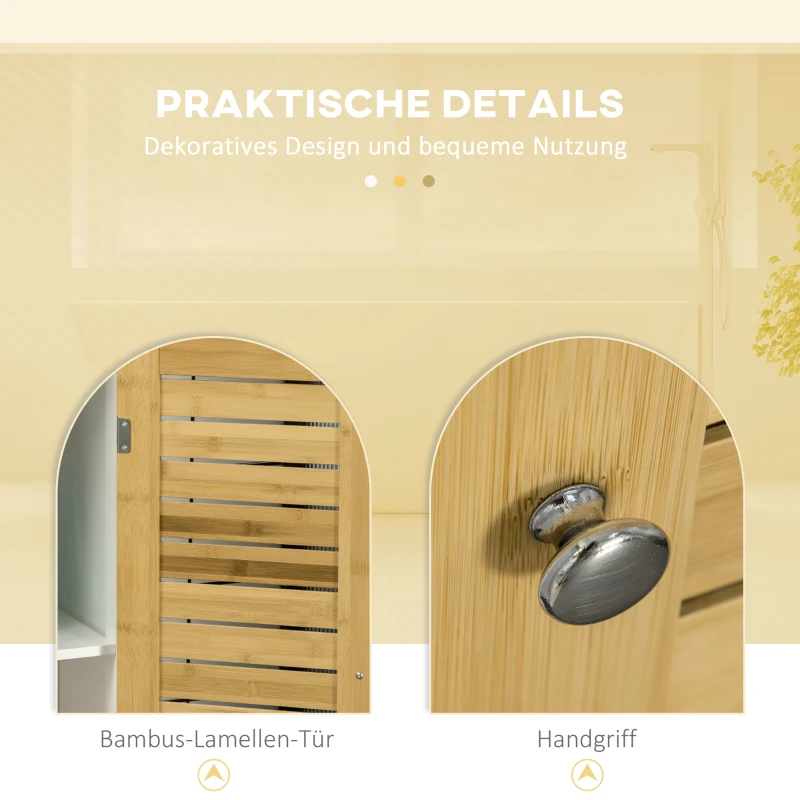 kleankin Badezimmerschrank, Badregal, 3 offene Fächer, Schrankfach mit Bambustüren, weiß, 35 x 27 x 171cm