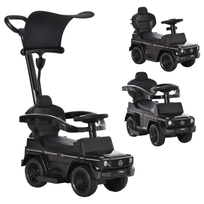 HOMCOM Porteur Enfants Voiture Enfant Multi-équipée 12-36 Mois klaxon Marche-Pieds, Garde-Corps et ombrelle Noir