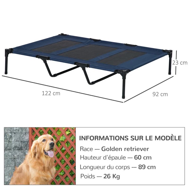 PawHut Lit sur pieds XXL pour chien chat lit de camp animal 122L x 92l x 23H cm bleu foncé