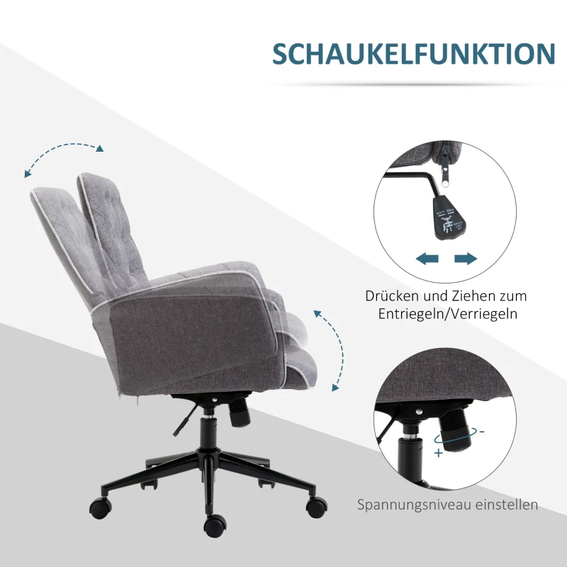HOMCOM Bürostuhl mit Wippfunktion Drehstuhl Home-Office-Stuhl höhenverstellbarer Schreibtischstuhl Computerstuhl Arbeitsstuhl mit Armen 360°-Drehräder Schaumstoff Dunkelgrau 66 x 69 x 89,5-97 cm