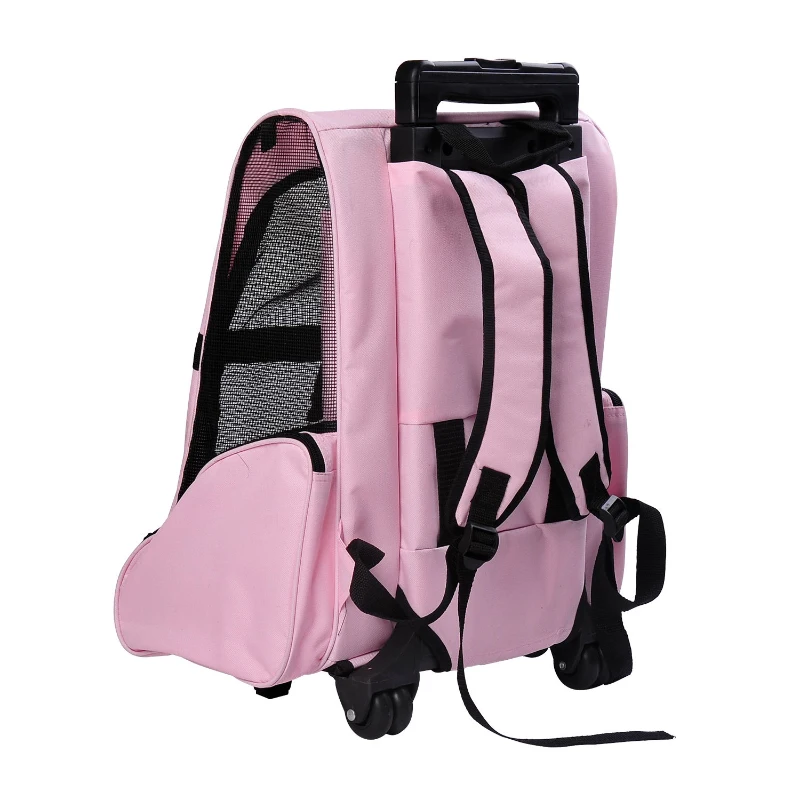 PawHut Transportín 2 en 1 para Mascotas Mochila o Carrito de Viaje para Perro y Gato con 2 Ruedas con Asa retráctil de Aluminio y Bolsillos 42x25x55 cm Rosa