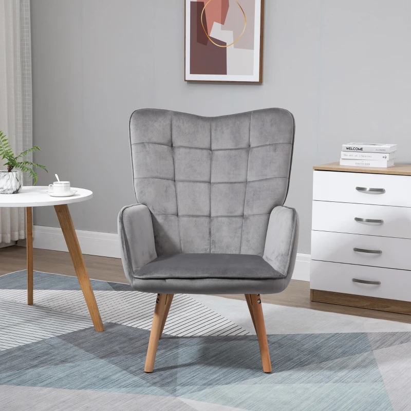 HOMCOM Modern Accent Chair, Upholstered Tufted Wingback Armchair with Seat Padding, Velvet Leisure Lounge Bedroom Chair with Wood Legs, Grey