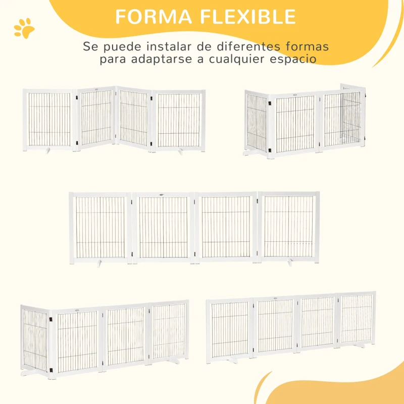 PawHut Barrera de Seguridad para Perros Plegable 264x77 cm de 4 Paneles con Patas y Marco de Madera para Puertas Escaleras