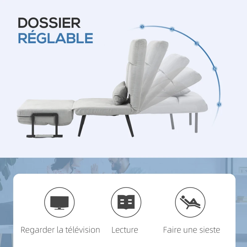 HOMCOM Fauteuil convertible 3 en 1 lit 1 place dossier inclinable 5 positions, accoudoirs et coussin, tissu effet velours, gris